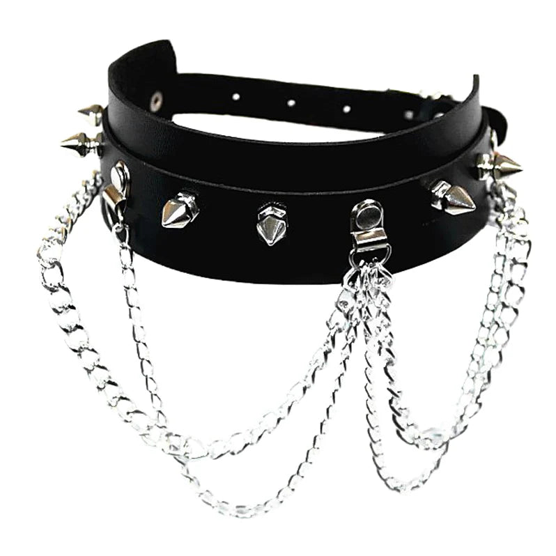 Vegan Leather Neckband: Black Spiked PU Choker with 4-Chains