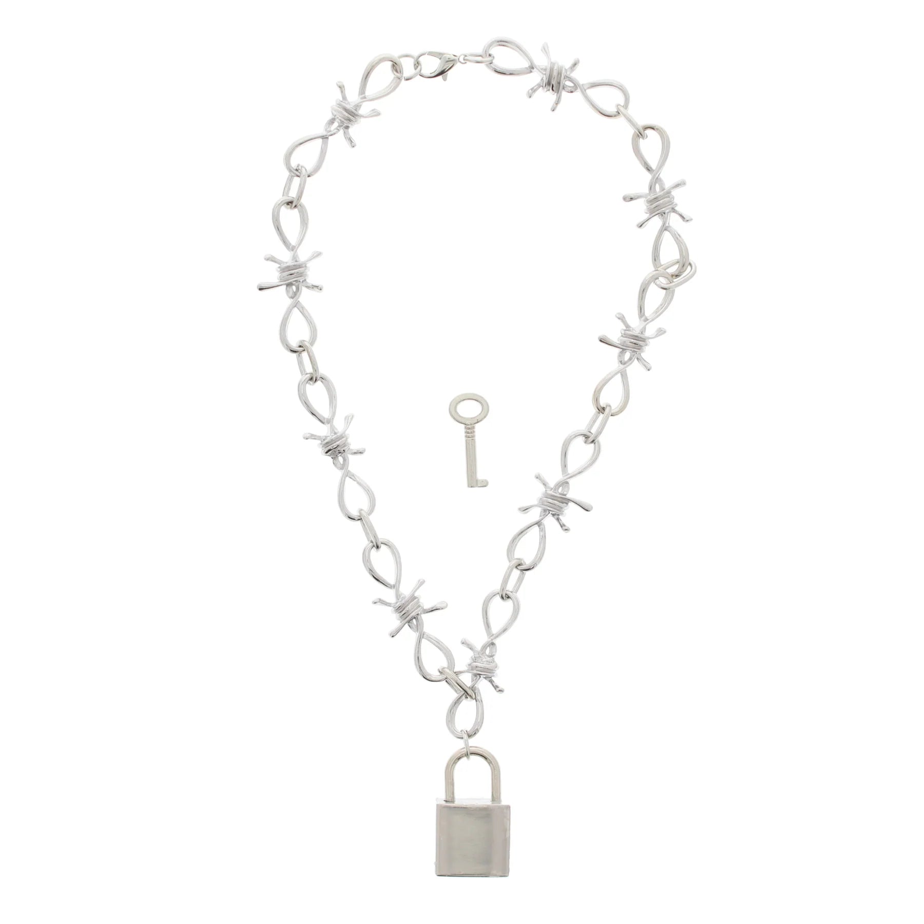 Barbwire Chain Necklace with Padlock & Key (Silver)