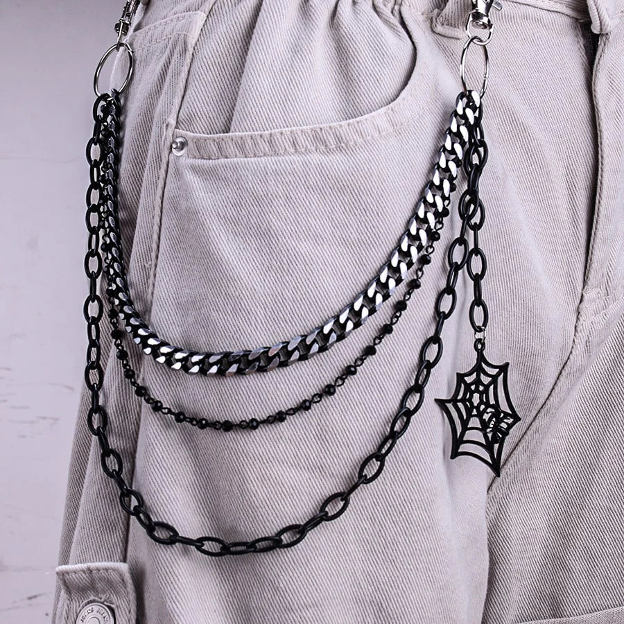 Triple Hip Chain with Cobweb & Spider Attachment (Silver or Black)