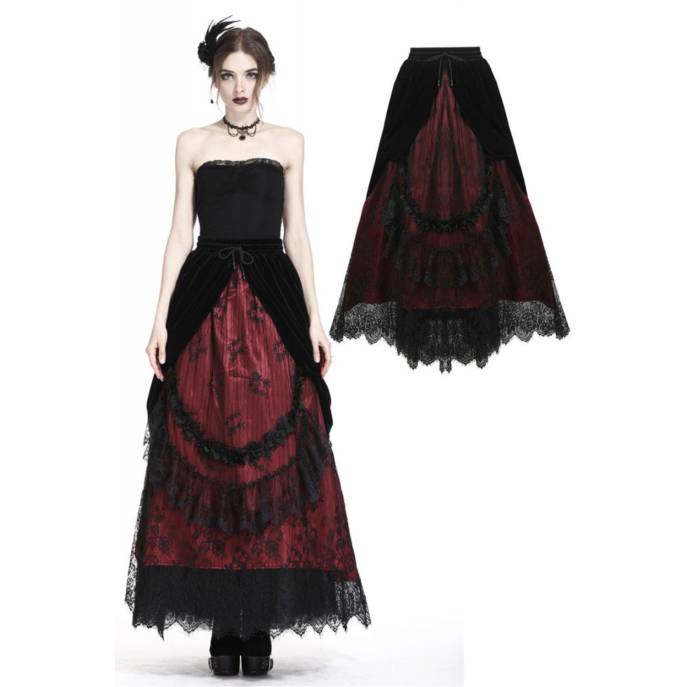 Gothic black red wave velvet lace maxi skirt(✦ Dark In Love)