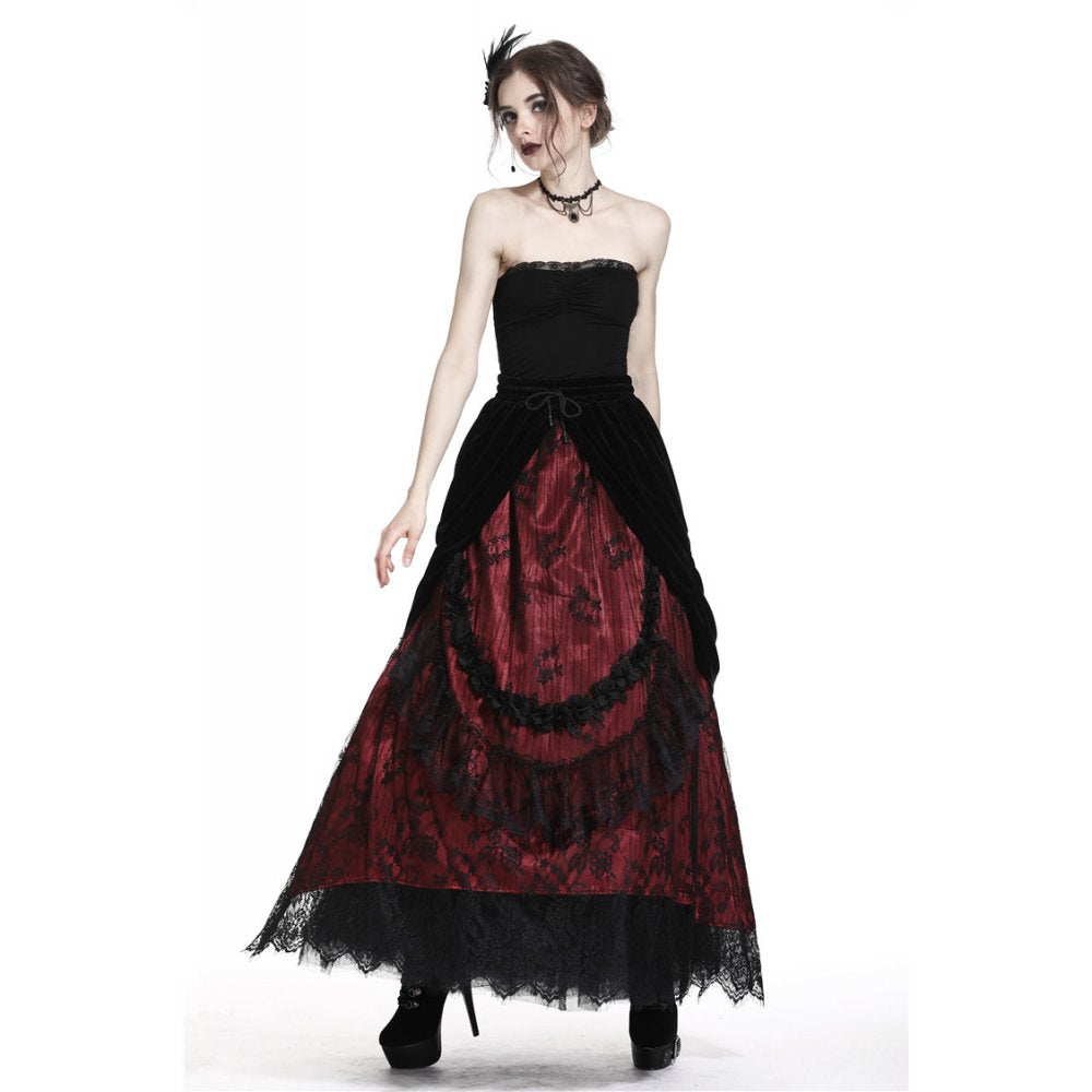 Gothic black red wave velvet lace maxi skirt(✦ Dark In Love)