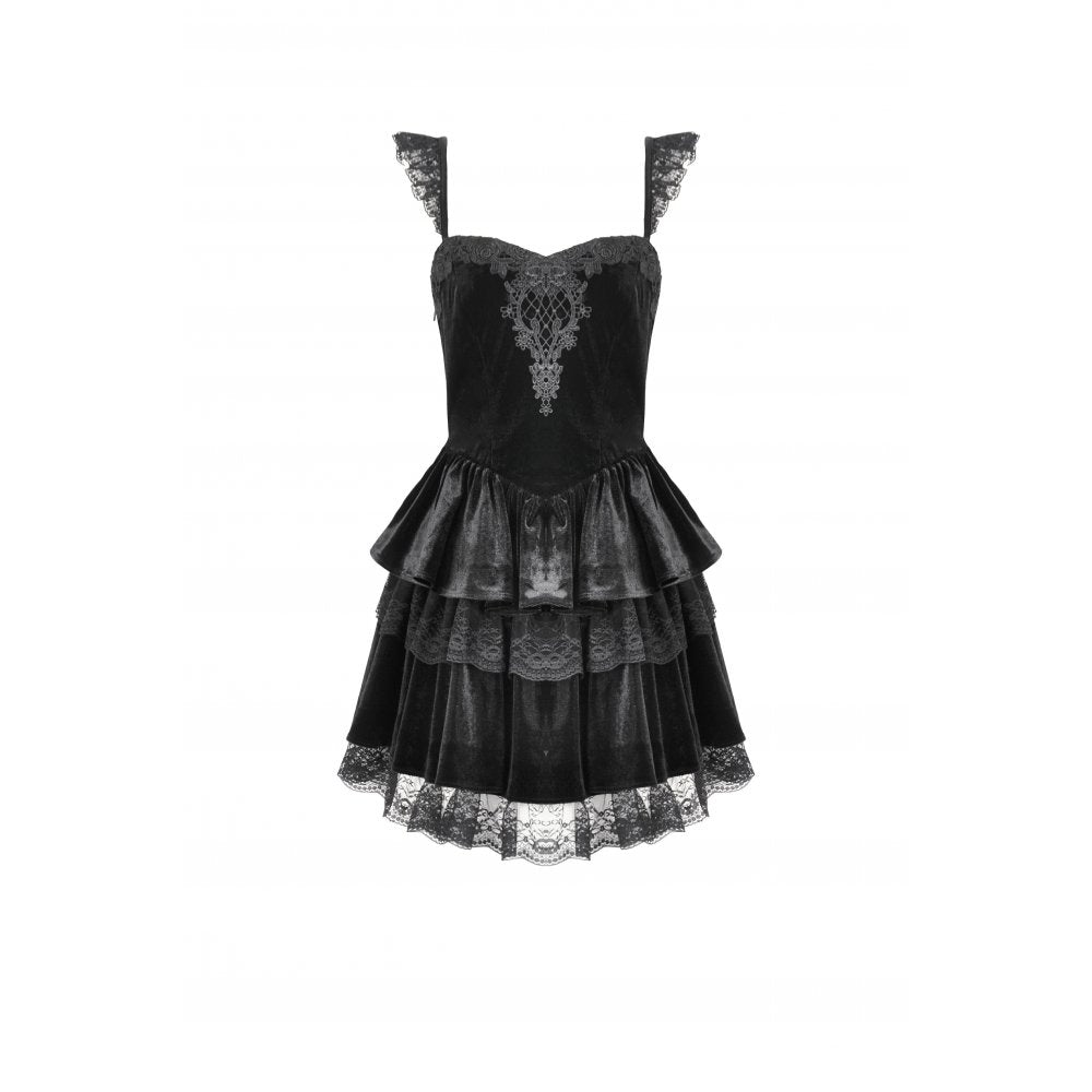 Gothic Midnight Velvet Dress with Lace Petal Sleeves and Layered Ruffle Skirt (✦ Dark In Love)