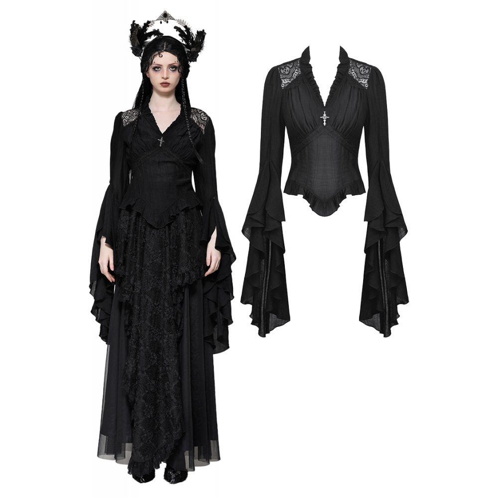 Black classic bell sleeve v-neck top (✦ Dark In Love) TW624