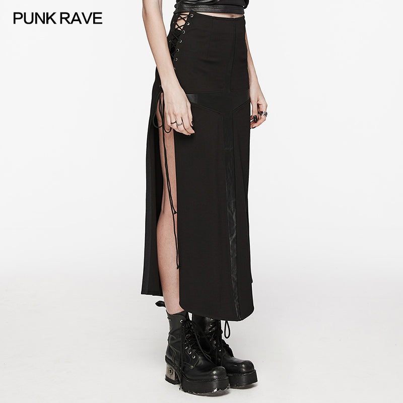 Eyelet Drawstring Cross Splicing Design Punk Cross Skirt (✦ Punk Rave) WQ-716BQF