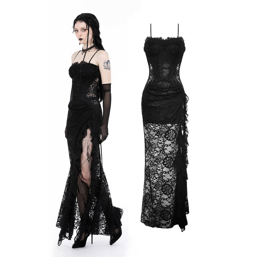 Gothic lace see-through sexy waist lace maxi strap dress (✦ Dark In Love) DW935