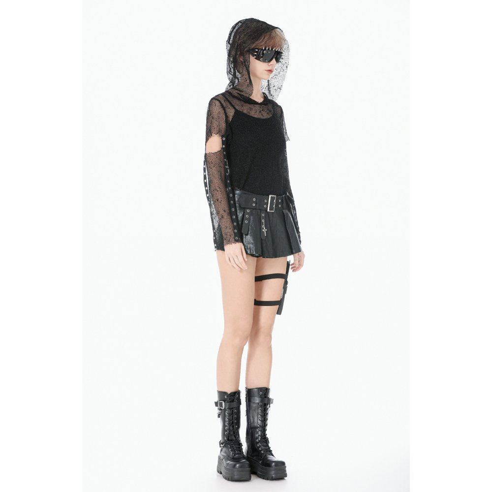 Low-Waist Tactical Punk Skirt-Pants with Asymmetric Pleated Belt (✦ Dark In Love) PW148