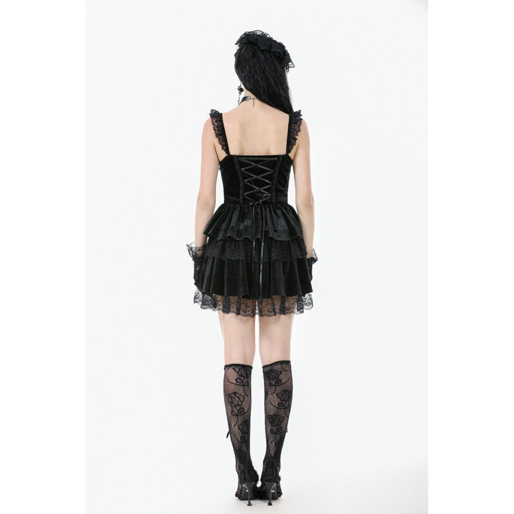 Gothic Midnight Velvet Dress with Lace Petal Sleeves and Layered Ruffle Skirt (✦ Dark In Love)