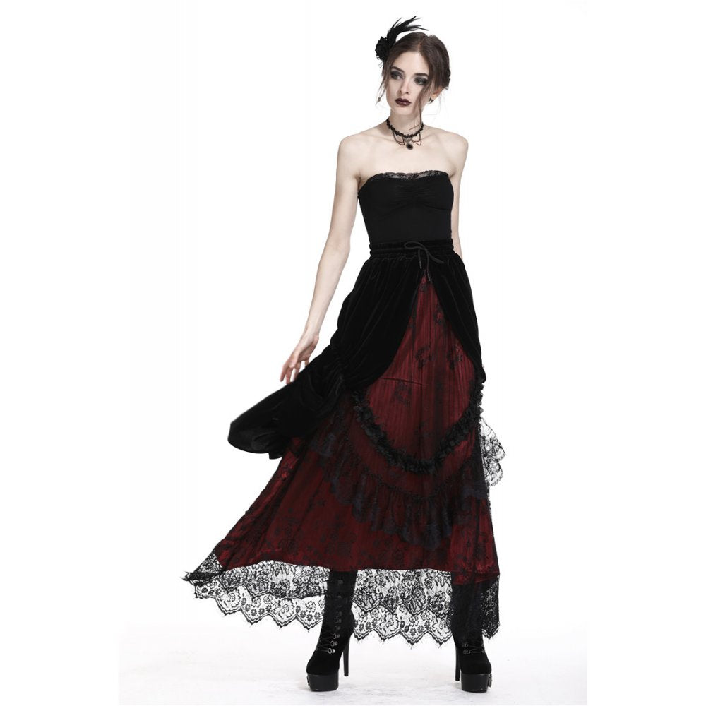 Gothic black red wave velvet lace maxi skirt(✦ Dark In Love)