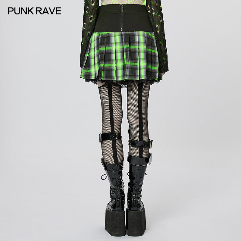 Punk Sweet Cool Girl School Style Sexy Lace Pleated Plaid Mini Skirt WQ-612BQF (✦ Punk Rave)