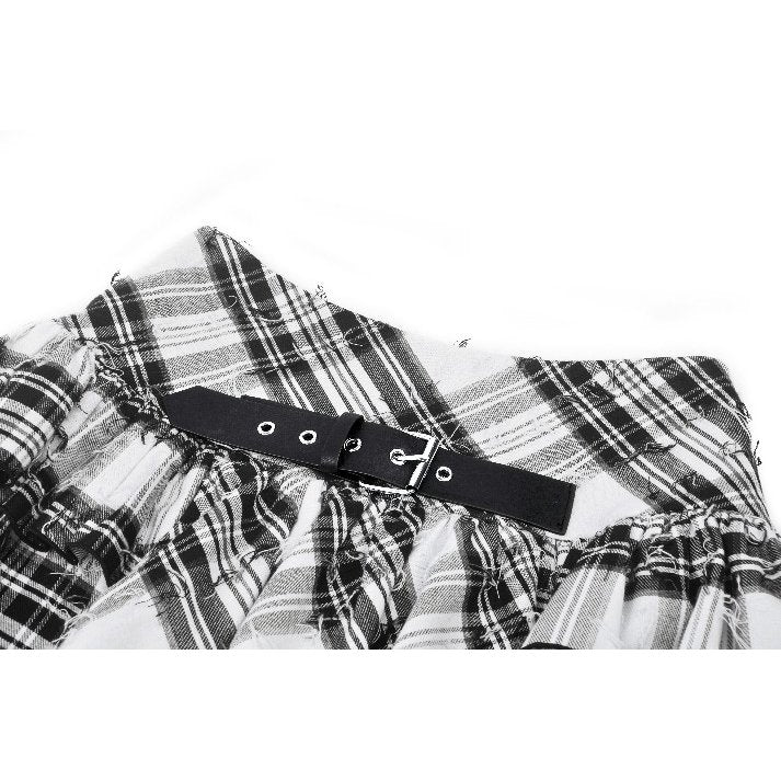 Punk Black and White Checkered Asymmetrical Messy Net Skirt (✦ Dark In Love)