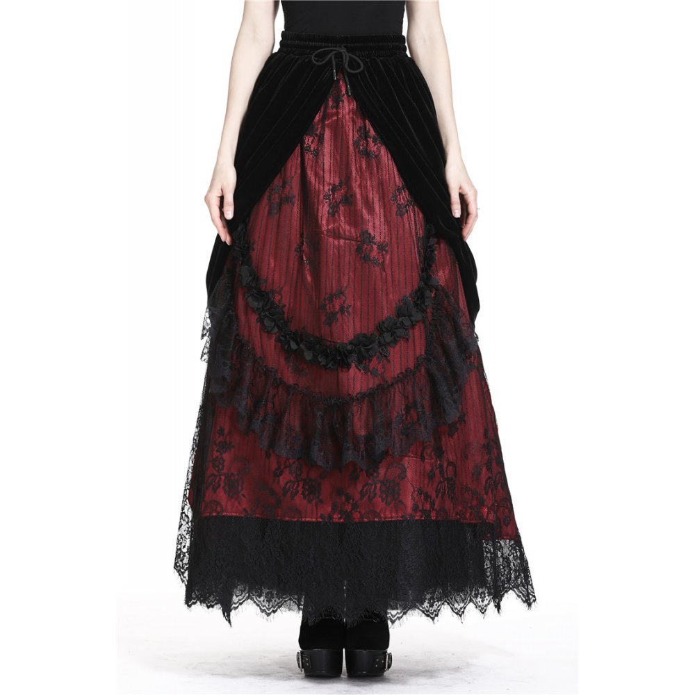Gothic black red wave velvet lace maxi skirt(✦ Dark In Love)