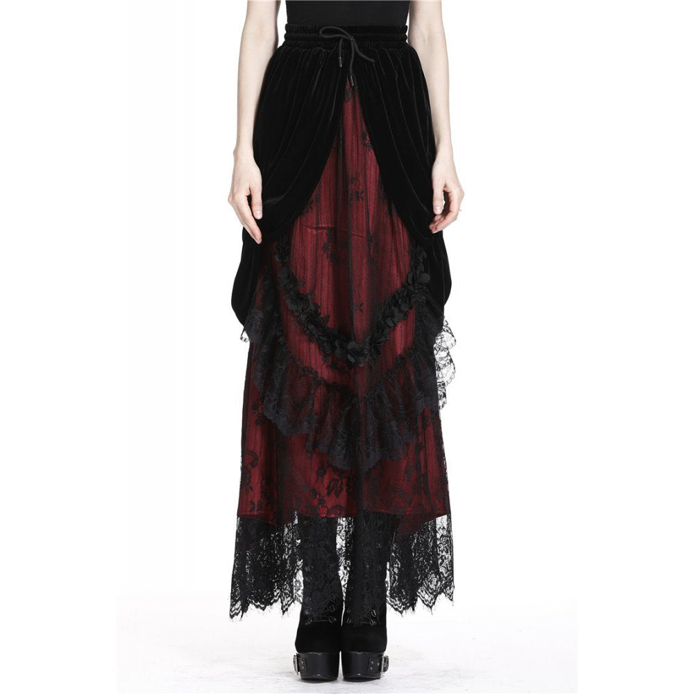 Gothic black red wave velvet lace maxi skirt(✦ Dark In Love)