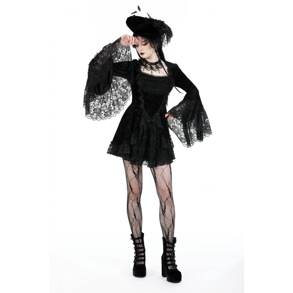 Gothic luxe lace-trim pattern velvet dress (✦ Dark In Love)