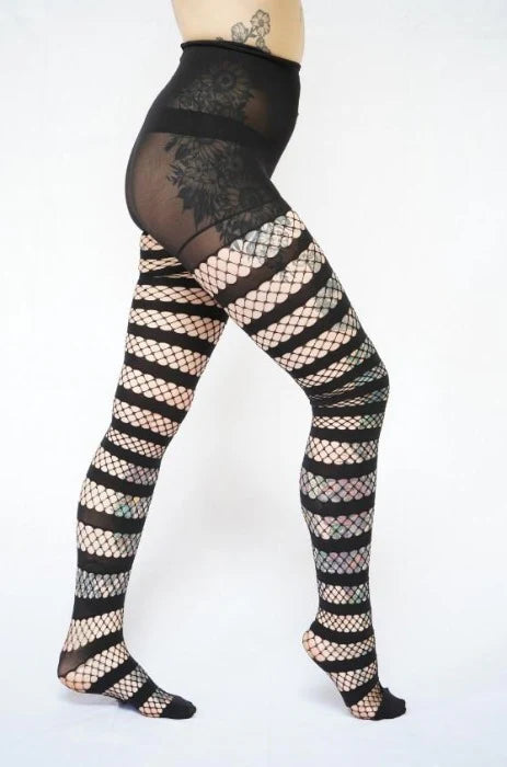 Fishnet Opaque Stripe Tights (Black)