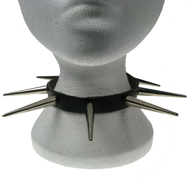 Leather Neckband: 1 Row Large Cone Spike (Black)