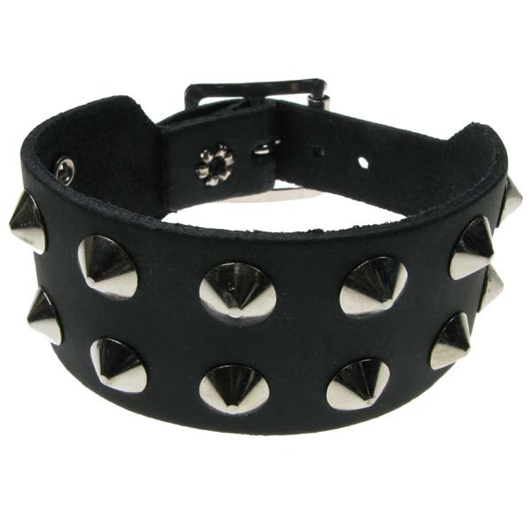 Leather Wristband: 2 Row Conical Studs