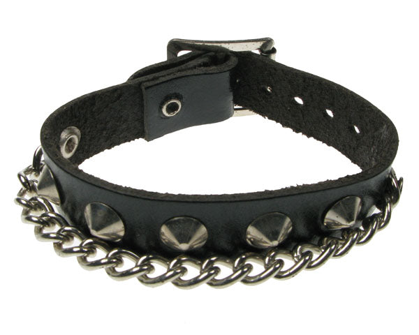 Leather Wristband: 1 Row Conical Chain
