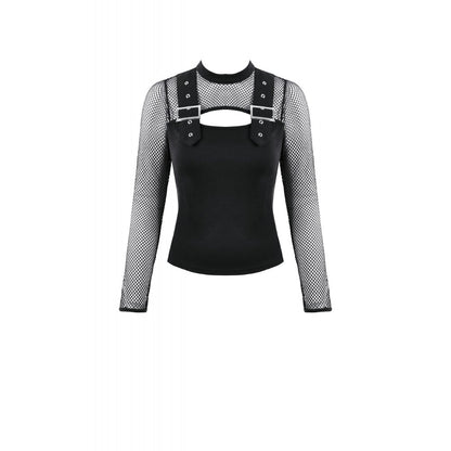 Punk Knitted Top with Mesh Overlay and Shoulder Buckle Details (✦ Dark In Love)