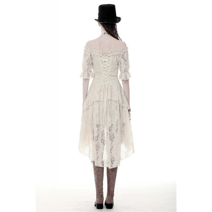 Steampunk beige cocktail short sleeves dress (✦ Dark In Love) DW358