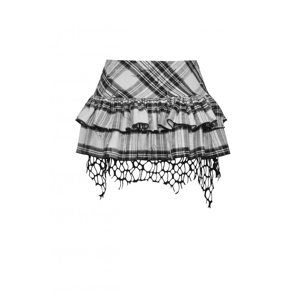 Punk Black and White Checkered Asymmetrical Messy Net Skirt (✦ Dark In Love)