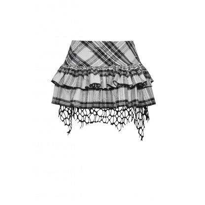 Punk Black and White Checkered Asymmetrical Messy Net Skirt (✦ Dark In Love)
