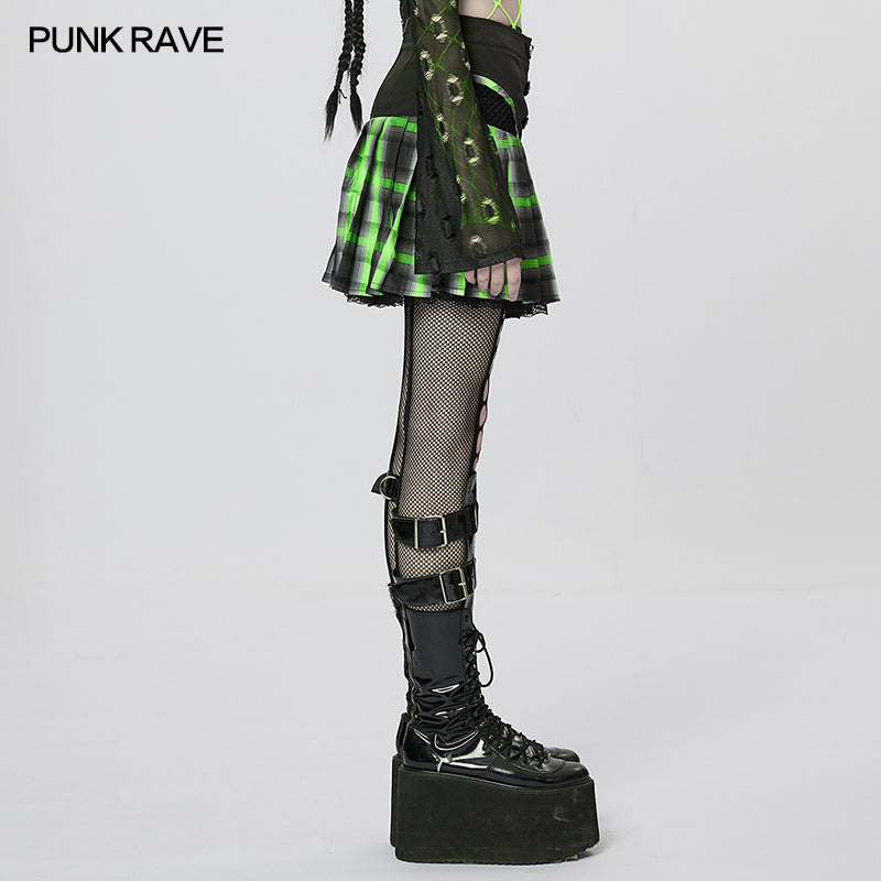 Punk Sweet Cool Girl School Style Sexy Lace Pleated Plaid Mini Skirt WQ-612BQF (✦ Punk Rave)