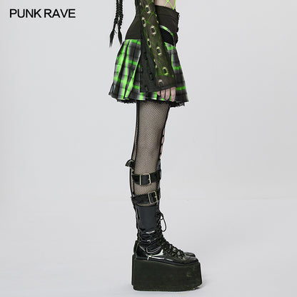 Punk Sweet Cool Girl School Style Sexy Lace Pleated Plaid Mini Skirt WQ-612BQF (✦ Punk Rave)