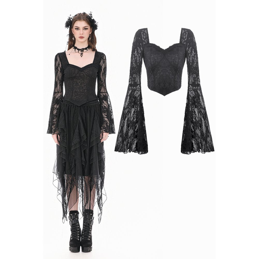 Gothic Dark Heart-Neck All-Over Lace Bell-Sleeve Slim Top (✦ Dark In Love) TW689