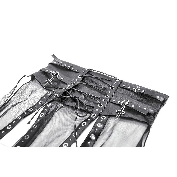 Rebel Leather and Mesh Maxi Skirt with Lace-Up Waist and Eyelet Detail (✦ Dark In Love) KW403