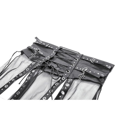 Rebel Leather and Mesh Maxi Skirt with Lace-Up Waist and Eyelet Detail (✦ Dark In Love) KW403