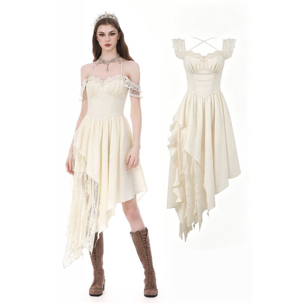 Vintage Gothic Textured Lace Irregular Strap Dress (✦ Dark In Love) DW1172