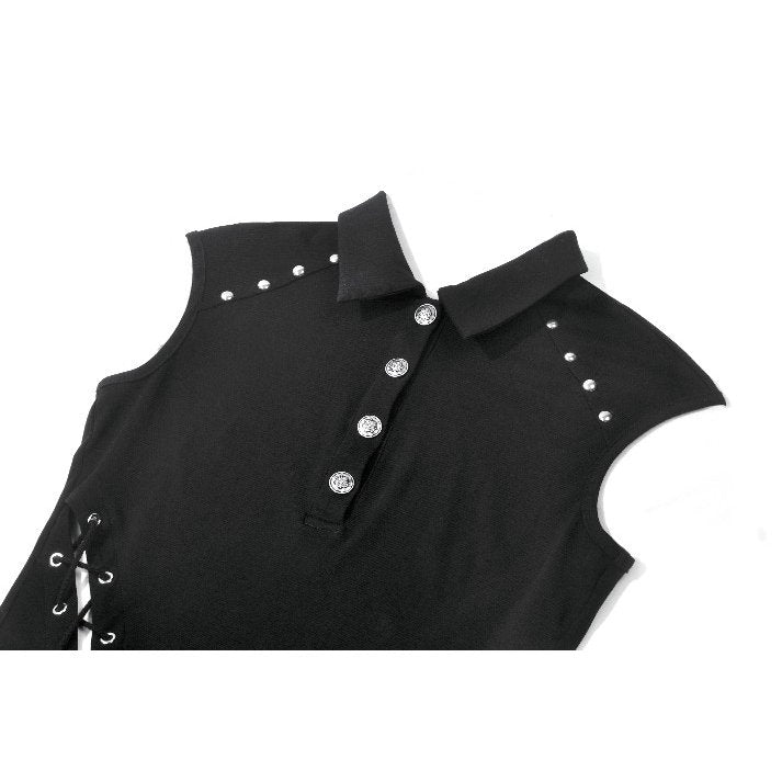 Tech-Punk Sleeveless Polo Top with Metallic Studs (✦ Dark In Love) TW695