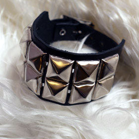 Leather Wristband: 2 Row Silver Pyramid Studs