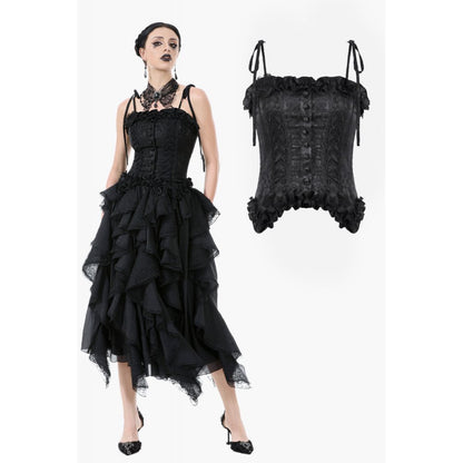 Elegant Floral Jacquard Bustier with Lace &amp; Rose Details (✦ Dark In Love) CW-097