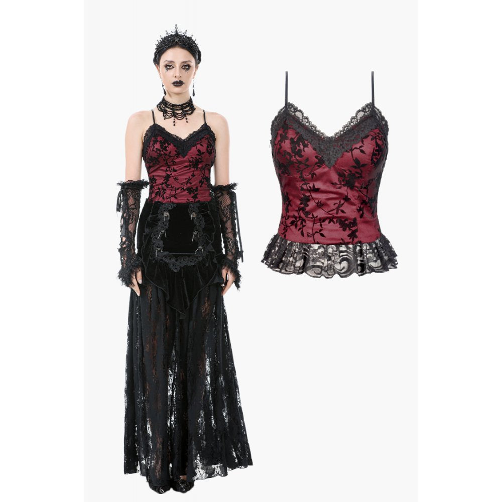 Gothic Dark Red Cami with Pleated Lace Hem (✦ Dark In Love)