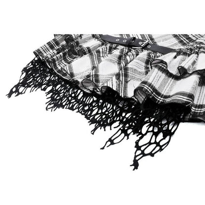 Punk Black and White Checkered Asymmetrical Messy Net Skirt (✦ Dark In Love)