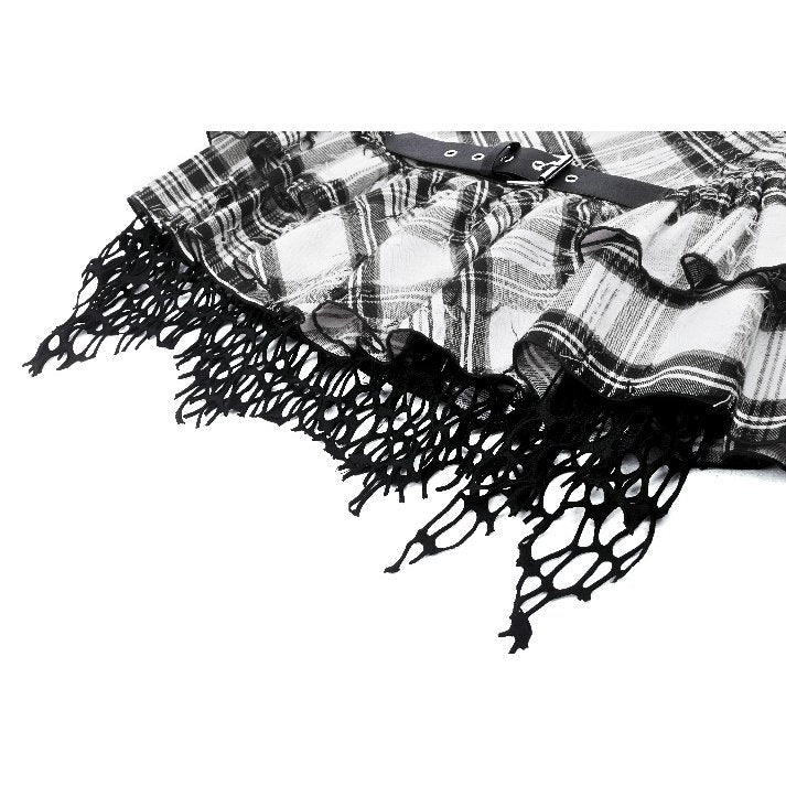 Punk Black and White Checkered Asymmetrical Messy Net Skirt (✦ Dark In Love)