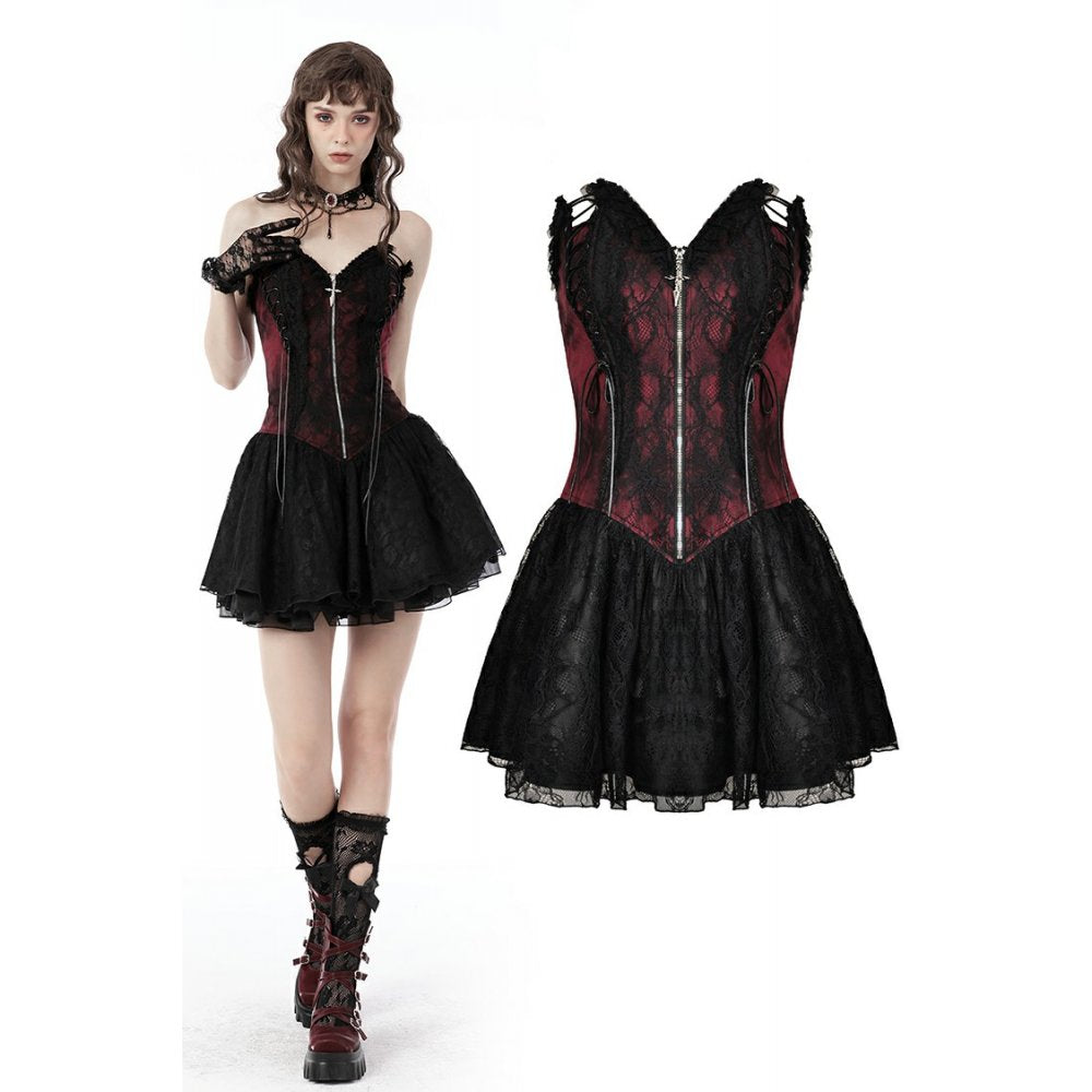 Gothic dead wine lace-up zip dress (✦ Dark In Love)