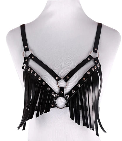 Faux Leather Fringe Harness Bralette with Metal Studs