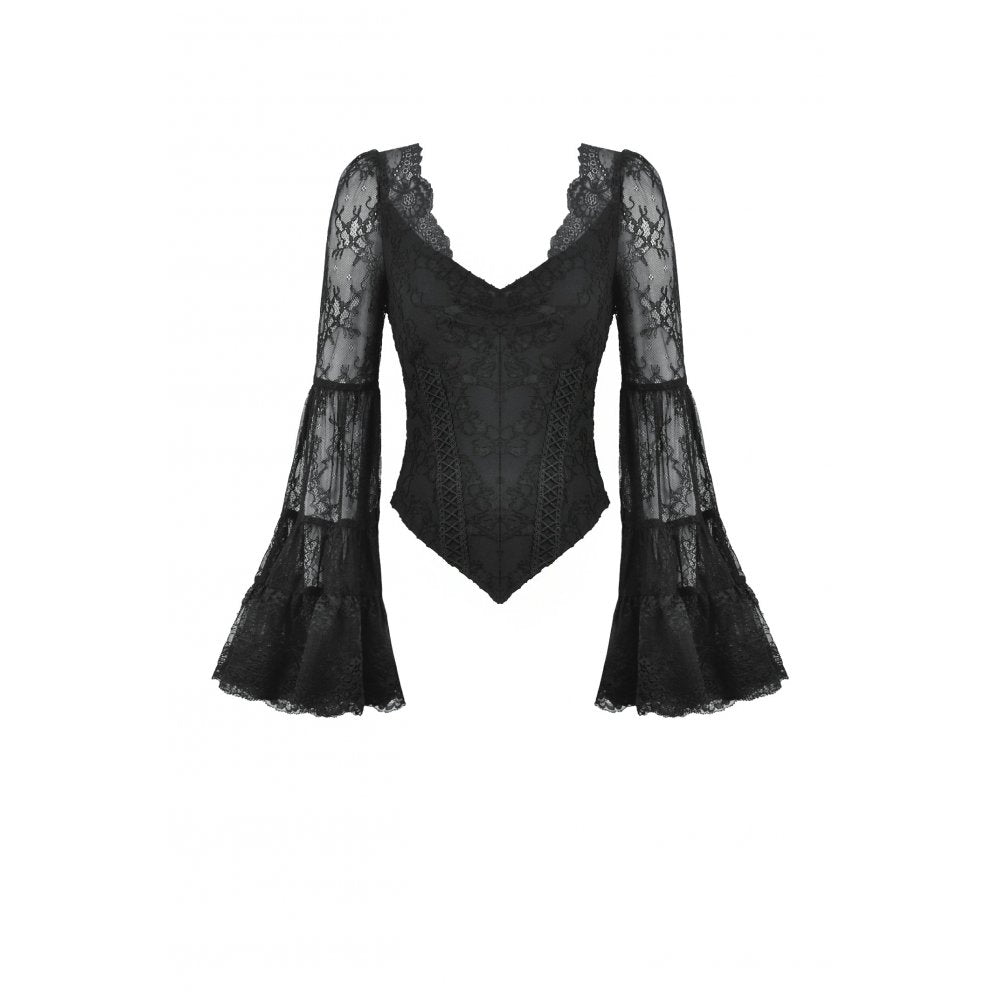Gothic Romantic Lace Patchwork Bell-Sleeve Layered Cuff Top (✦ Dark In Love) TW607