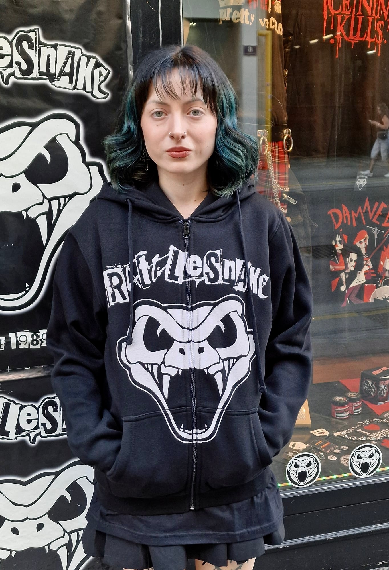 RATTLESNAKE Unisex Zipped Hoodie: Snake On Front Print (Black)