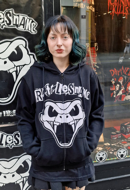 RATTLESNAKE Unisex Zipped Hoodie: Snake On Front Print (Black)