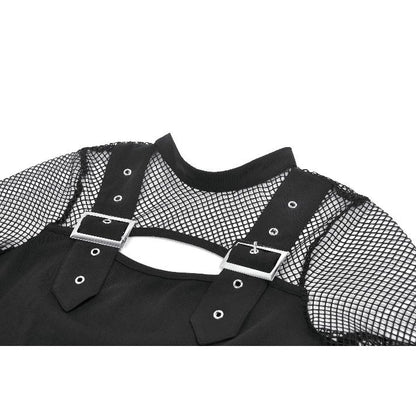 Punk Knitted Top with Mesh Overlay and Shoulder Buckle Details (✦ Dark In Love)