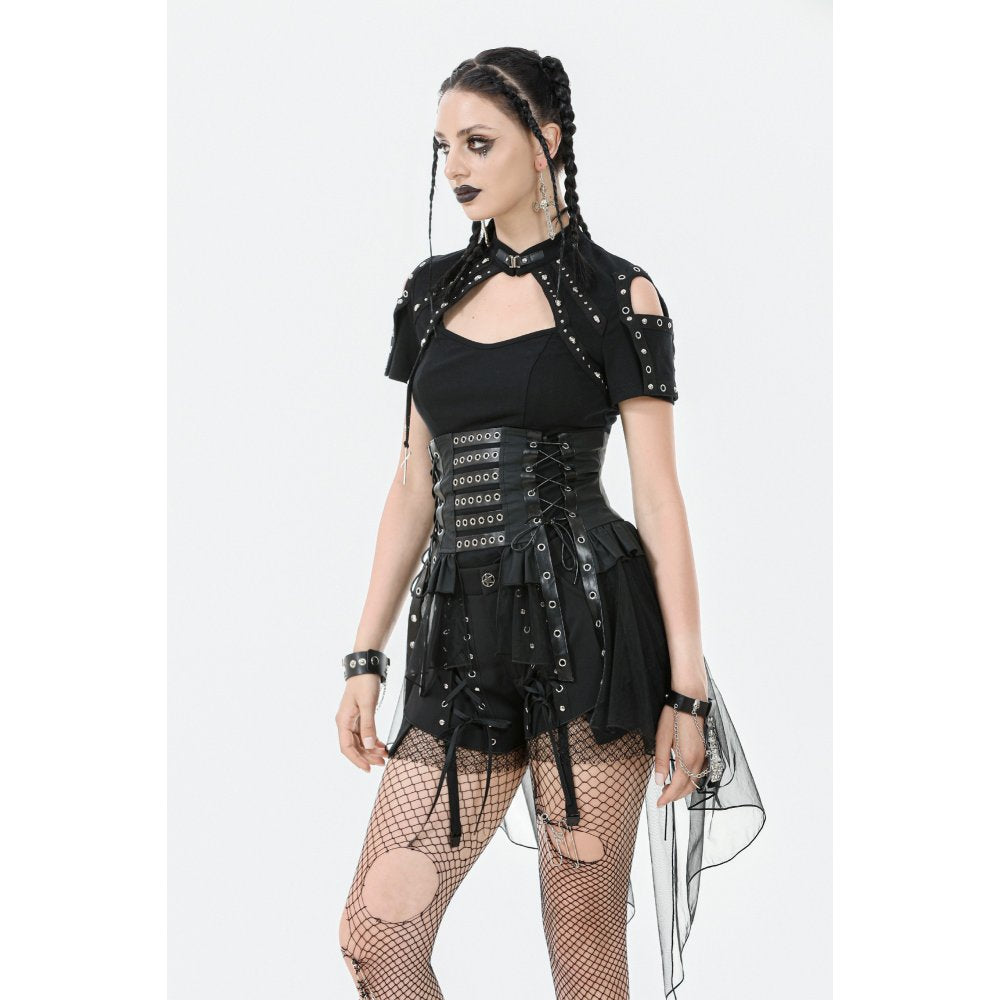 Industrial Grommet Lace-Up High-low Corset with Mesh Hem (✦ Dark In Love) CW098