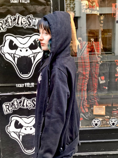 RATTLESNAKE Unisex Zipped Hoodie: Snake On Front Print (Black)
