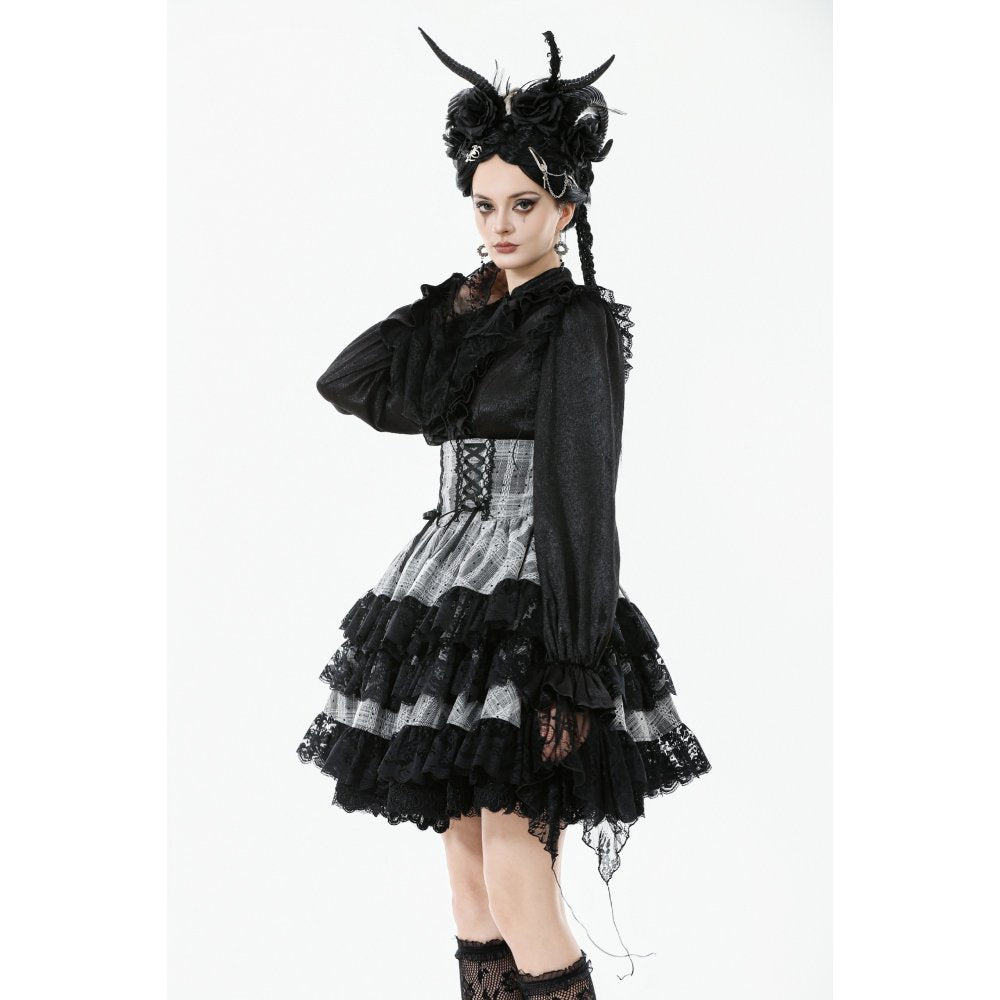 Cute Black and Grey Lolita High-Waist Tiered Skirt (✦ Dark In Love) KW414