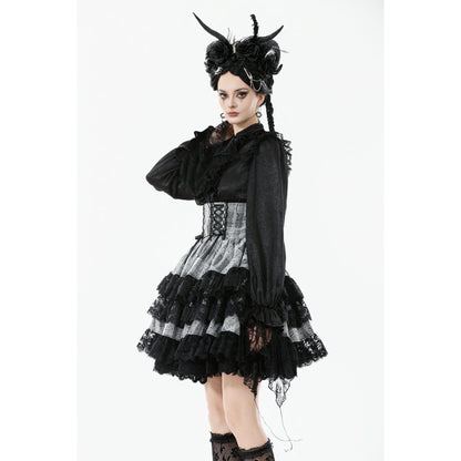Cute Black and Grey Lolita High-Waist Tiered Skirt (✦ Dark In Love) KW414
