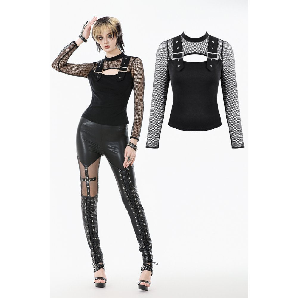Punk Knitted Top with Mesh Overlay and Shoulder Buckle Details (✦ Dark In Love) TW665