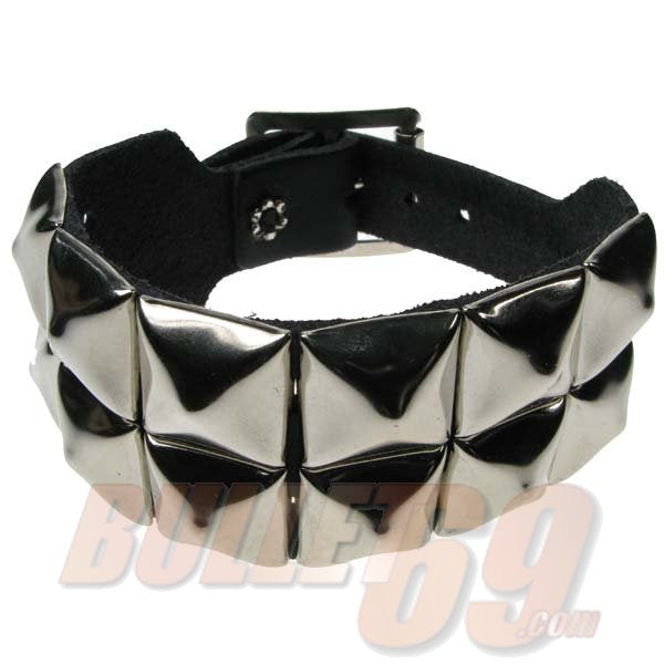 Leather Wristband: 2 Row Silver Pyramid Studs