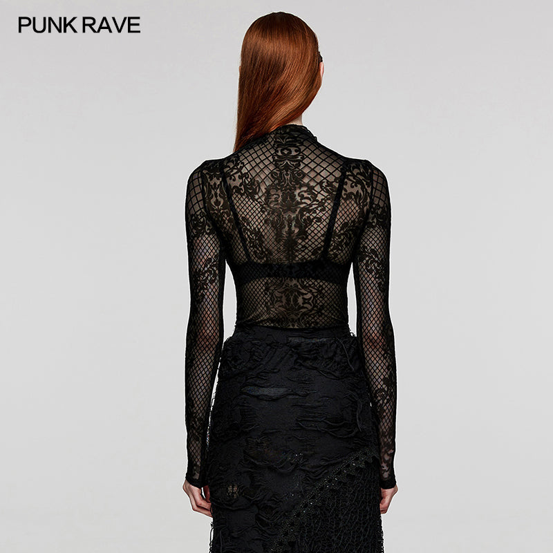 Gothic Flocked Pattern Mesh Top (✦ Punk Rave) WT-832TCF